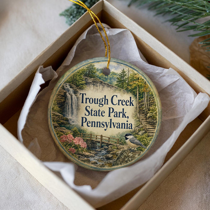 A round ornament with a scenic image of a waterfall and a bird, placed in a box with a white tissue paper lining.