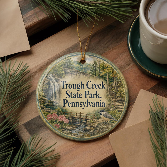 A round ornament with a scenic image of a waterfall and forest, surrounded by pine branches and a cup of coffee on a wooden surface.