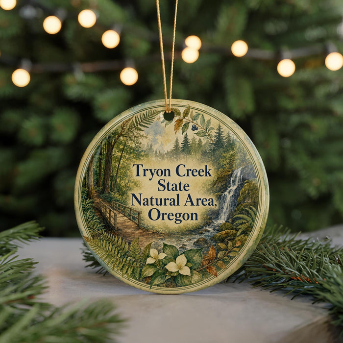 A circular ornament with a scenic forest landscape and a waterfall, featuring text that reads "Tryon Creek State Natural Area Oregon".