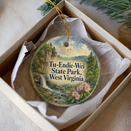 A decorative ornament in a box, featuring a scenic landscape with a waterfall and flowers, along with the text "Tu-Endie-Wei State Park, West Virginia".