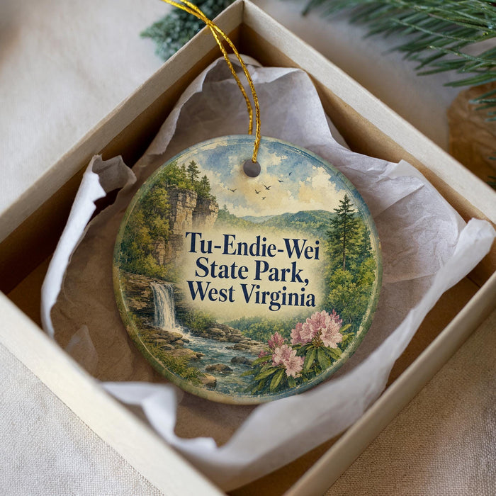 A decorative ornament in a box, featuring a scenic landscape with a waterfall and flowers, along with the text "Tu-Endie-Wei State Park, West Virginia".