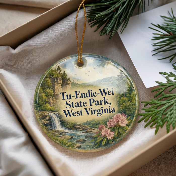 A decorative ornament with a scenic image of Tu-Endie-Wei State Park, West Virginia, hanging from a string.