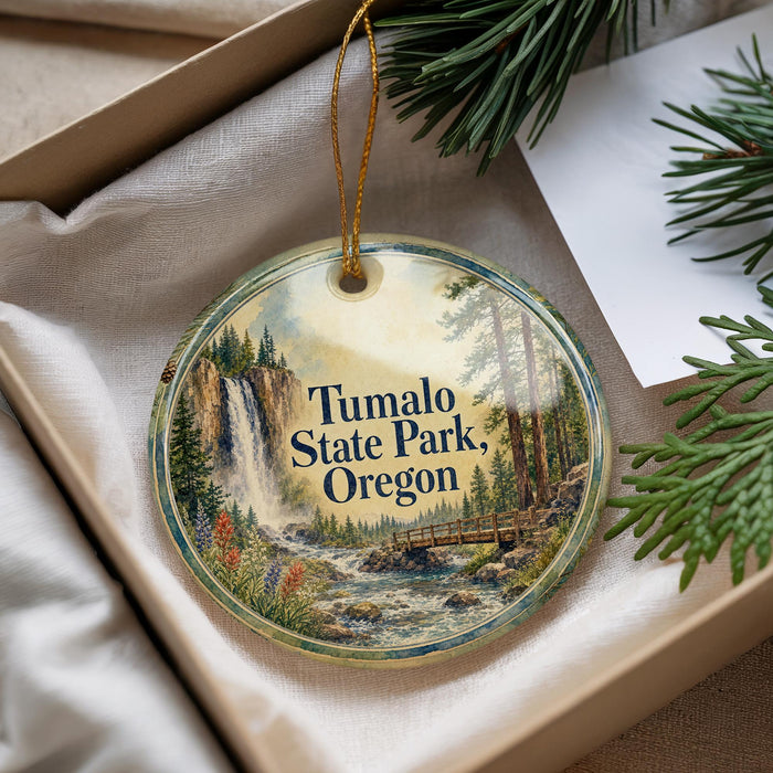 A decorative ornament with a scenic image of a waterfall and forest, hanging from a string.