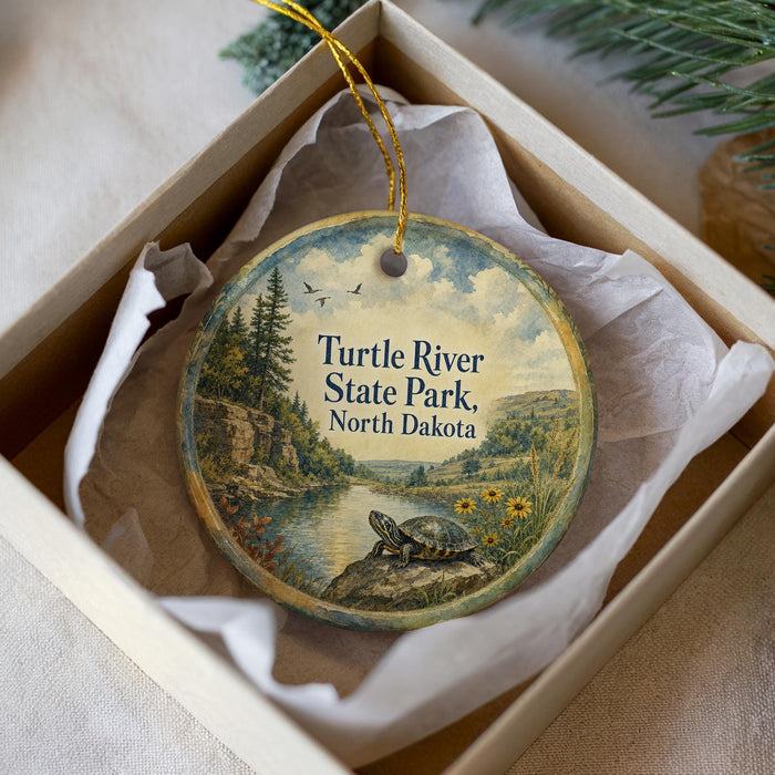 A round ornament with a painting of a turtle in a pond, surrounded by trees and mountains, placed in a box with a white tissue paper lining.