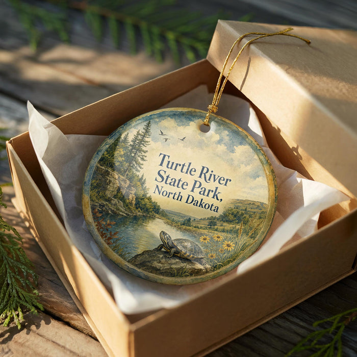 A decorative ornament in a wooden box, featuring a scenic landscape with a turtle and a river, with the text "Turtle River State Park North Dakota" printed on it.