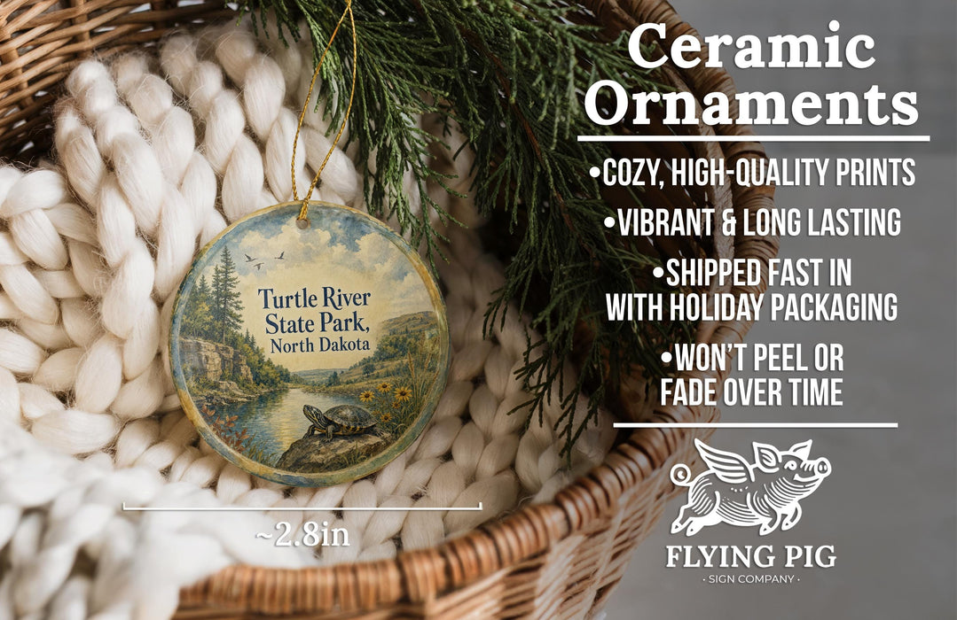 Ceramic ornaments, featuring a turtle river park ornament with a scenic landscape, are displayed in a woven basket.