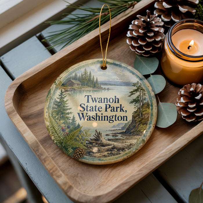 A decorative ornament with a scenic image of Twanoh State Park, Washington, featuring pine trees, a lake, and mountains. The ornament is placed on a wooden tray, with pine cones and a lit candle nearby.