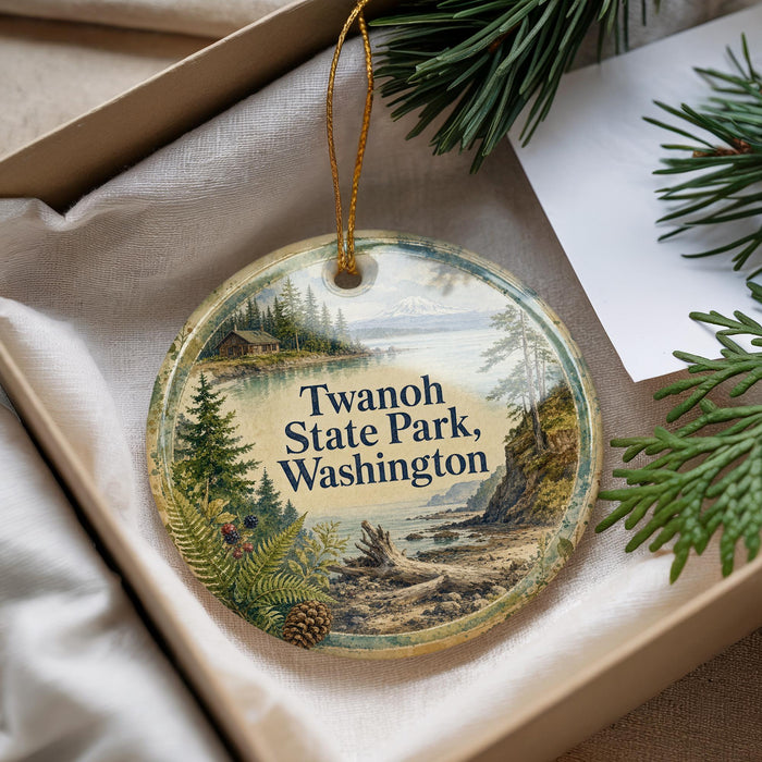 A decorative ornament with the text "Twanoh State Park, Washington" printed on it, hanging from a string. The ornament is placed inside a box with pine branches and a white paper.