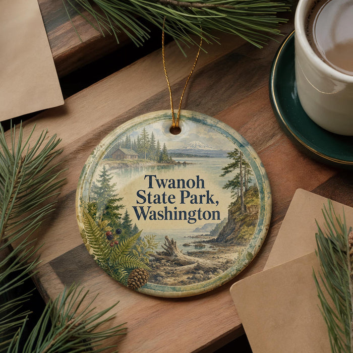 A round ornament with a scenic image of Twanoh State Park, Washington, hanging from a string.