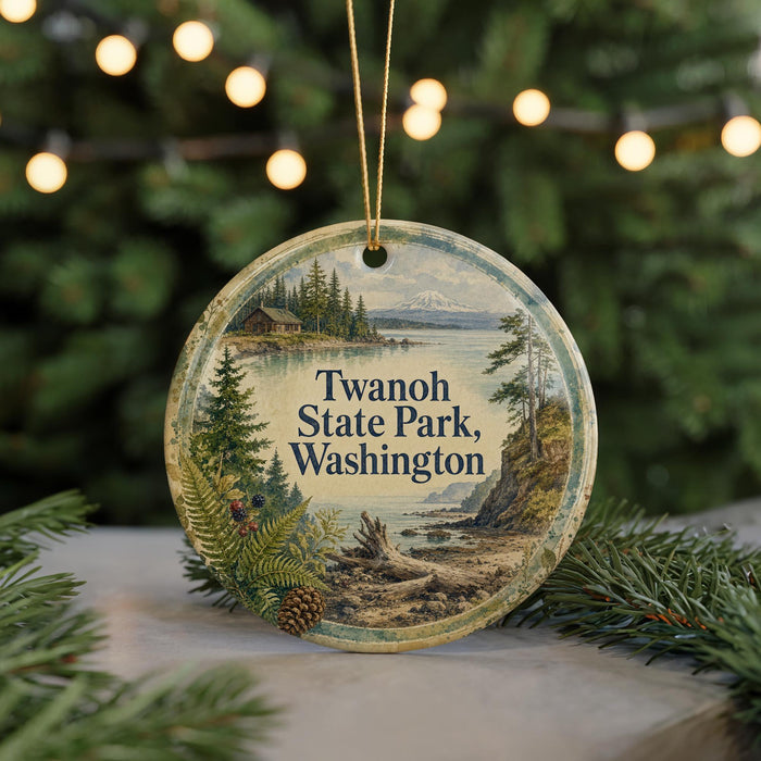 A round ornament with a scenic landscape of Twanoh State Park, Washington, featuring a mountain, pine trees, and a cabin.