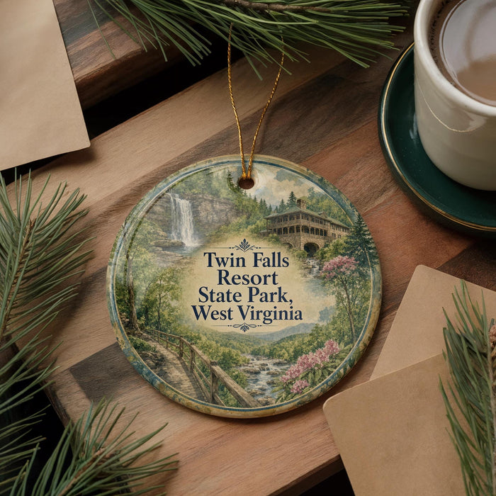 A decorative ornament featuring a scenic image of Twin Falls Resort in West Virginia, surrounded by pine branches and a cup of coffee on a wooden surface.