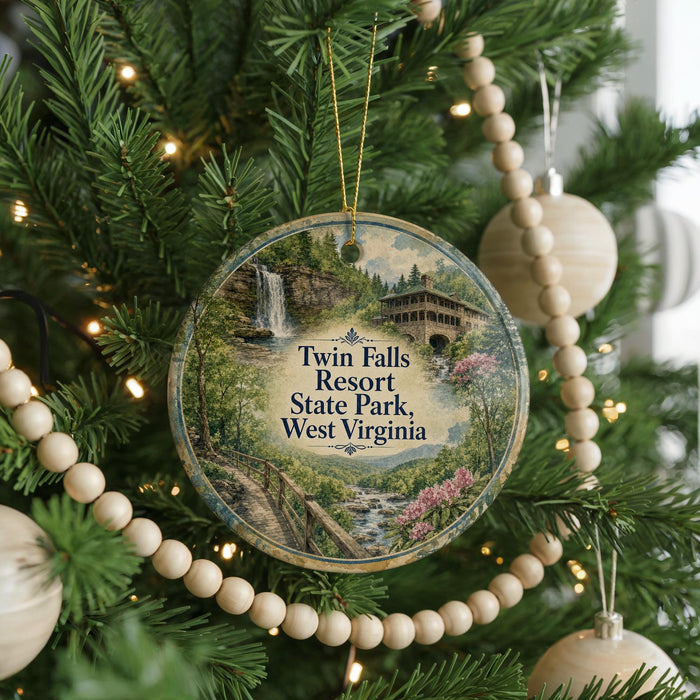 A round ornament hanging on a Christmas tree, featuring a scenic image of Twin Falls Resort State Park, West Virginia.