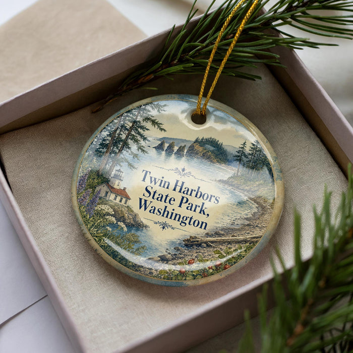 A decorative ornament in a box, featuring a scenic landscape with a lake, mountains, and pine trees.