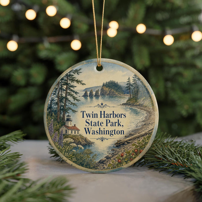 A round ornament with a painting of Twin Harbors State Park in Washington, surrounded by Christmas lights and greenery.