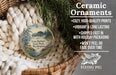 Ceramic ornaments, featuring a scenic image of Twin harbors State Park in Washington, are displayed in a woven basket.