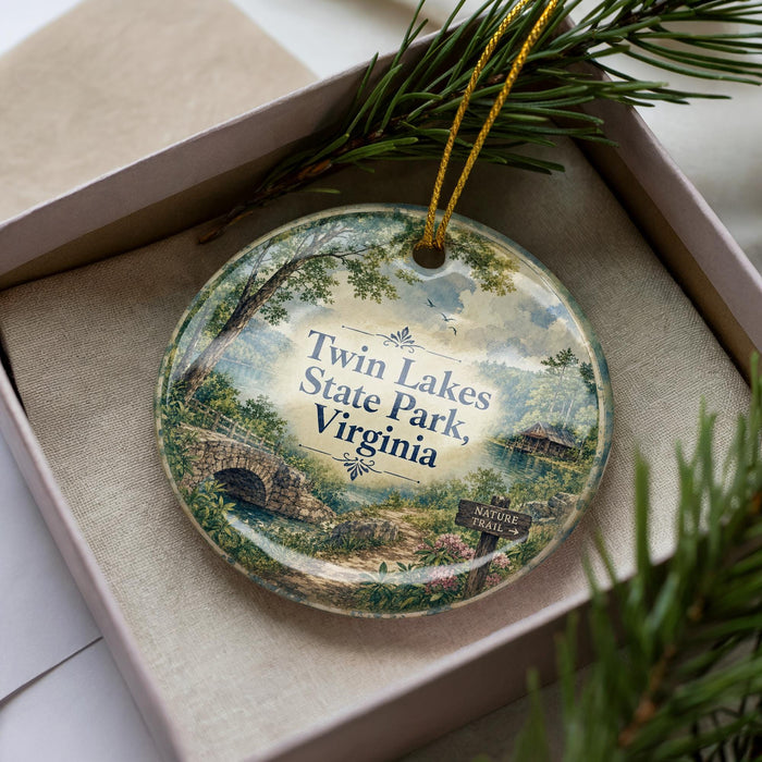A decorative ornament in a box, featuring a scenic landscape with a bridge and trees, with the text "Twin Lakes State Park, Virginia" prominently displayed.
