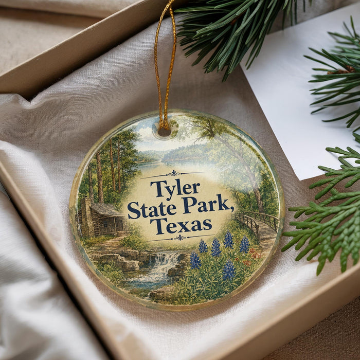 A decorative ornament with a scenic landscape of Tyler State Park, Texas, hanging from a string.