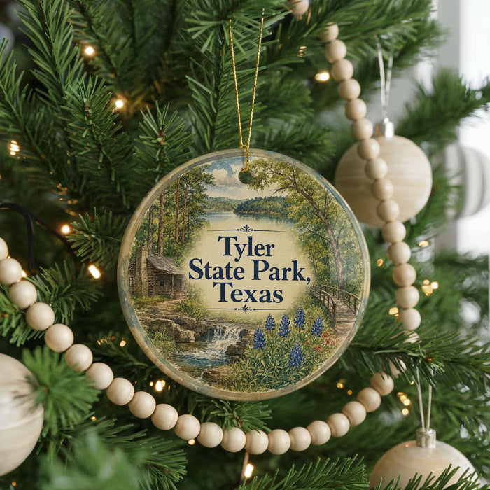 A round ornament hanging on a Christmas tree, featuring a scenic image of Tyler State Park, Texas.