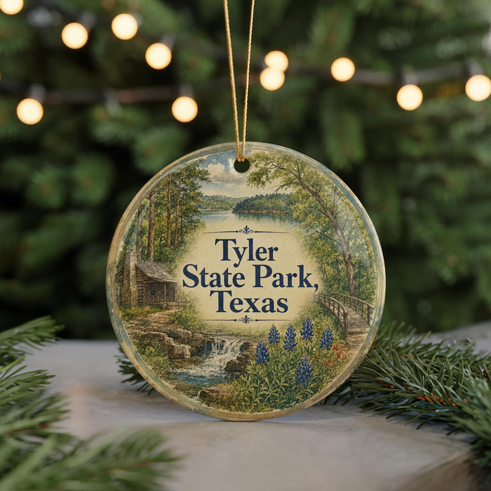 A circular ornament with a scenic image of Tyler State Park, Texas, featuring a cabin, a waterfall, and a forest.