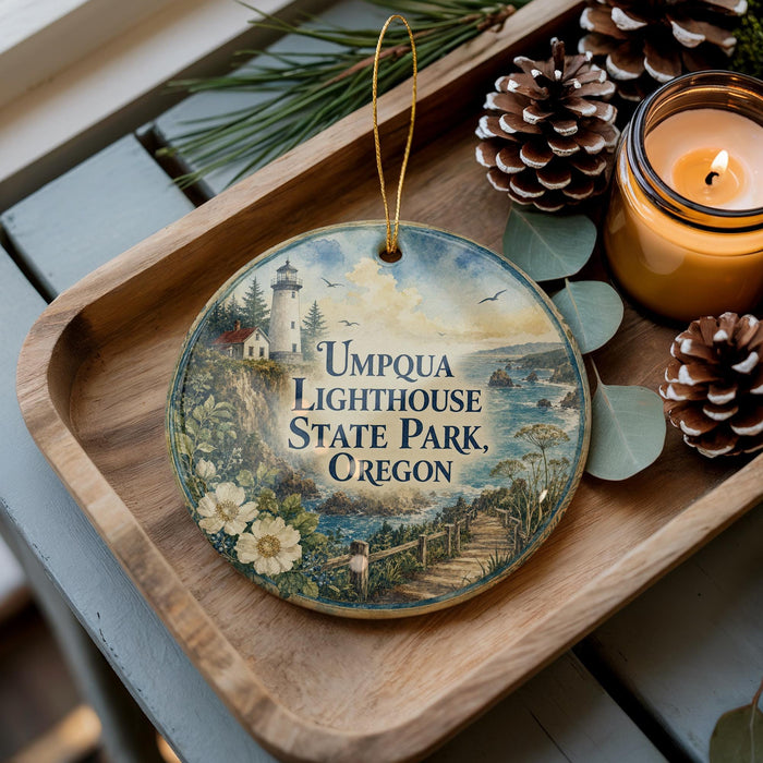 A wooden tray with a decorative ornament featuring a lighthouse and a scenic landscape, along with pine cones and a lit candle.