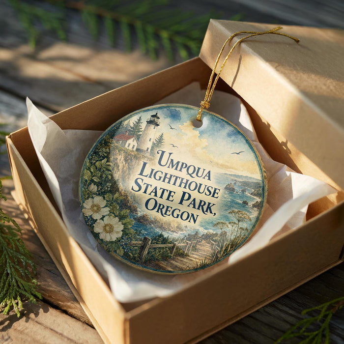 A decorative ornament in a box, featuring a lighthouse and a scenic landscape, with the text "Umpqua Lighthouse State Park, Oregon" printed on it.