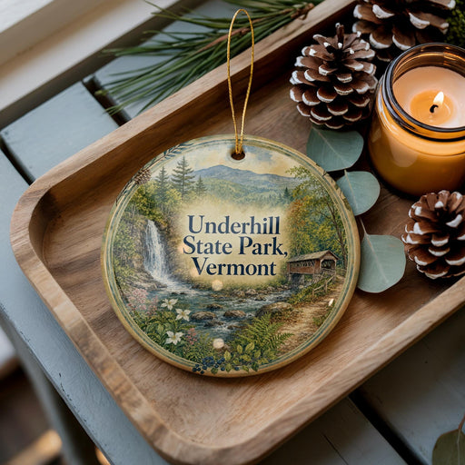 A wooden tray with a decorative ornament featuring a scenic landscape of Underhill State Park, Vermont, along with pine cones and a lit candle.