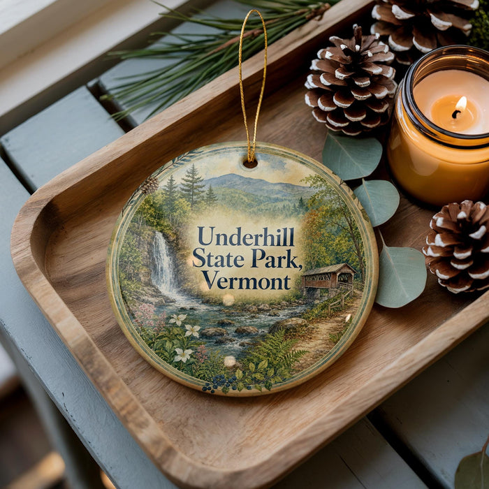 A wooden tray with a decorative ornament featuring a scenic landscape of Underhill State Park, Vermont, along with pine cones and a lit candle.