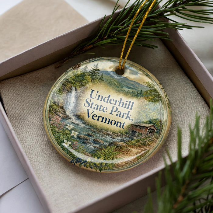 A decorative ornament with a scenic landscape of Vermont, featuring a waterfall, pine trees, and a cabin, is displayed in a box.