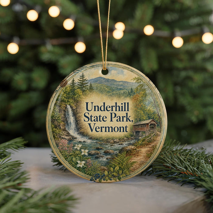A round ornament with a scenic image of Underhill State Park in Vermont, featuring a waterfall, forest, and a bridge.