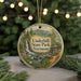 A round ornament with a scenic image of Underhill State Park in Vermont, featuring a waterfall, forest, and a bridge.
