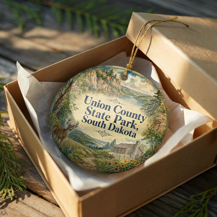 A decorative ornament in a wooden box, featuring a scenic landscape with mountains, trees, and a cabin, along with the text "Union County State Park South Dakota".