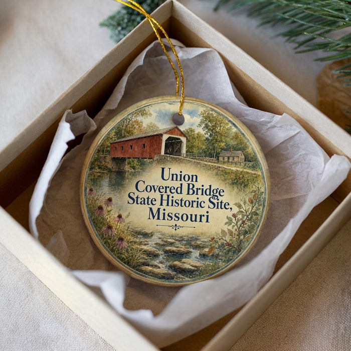 A decorative ornament in a white box, featuring a painting of a covered bridge and a scenic landscape.
