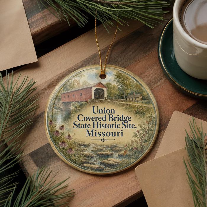A decorative ornament featuring a bridge and a house, with the text "Union Covered Bridge State Historic Site, Missouri" printed on it. The ornament is placed on a wooden surface, surrounded by pine branches and a cup of coffee.