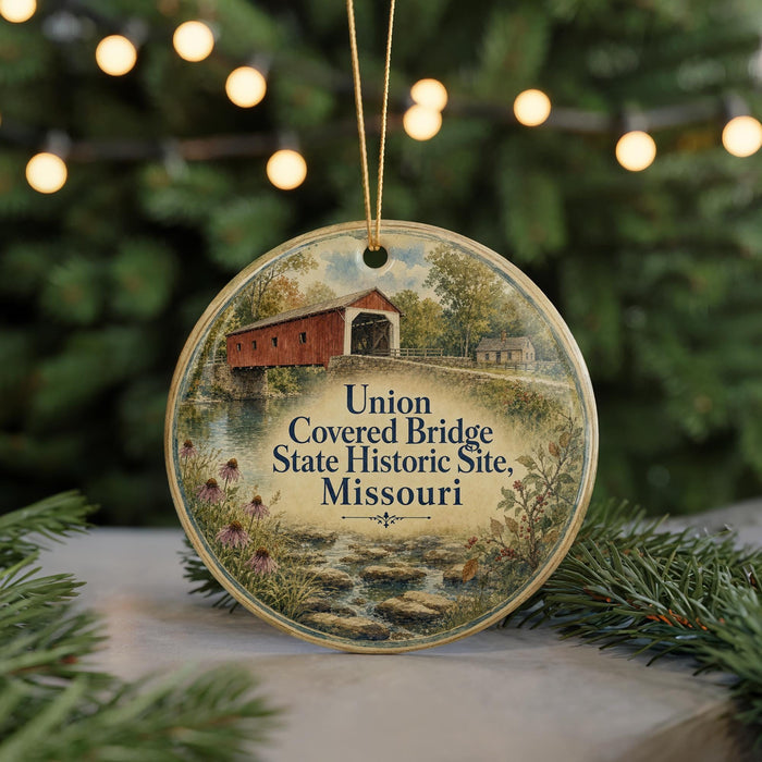 A round ornament featuring a painting of the Union Covered Bridge in Missouri, surrounded by greenery and a string of lights.