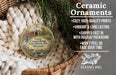 Ceramic ornaments, featuring a detailed image of the Union Covered Bridge in Missouri, are displayed in a woven basket.