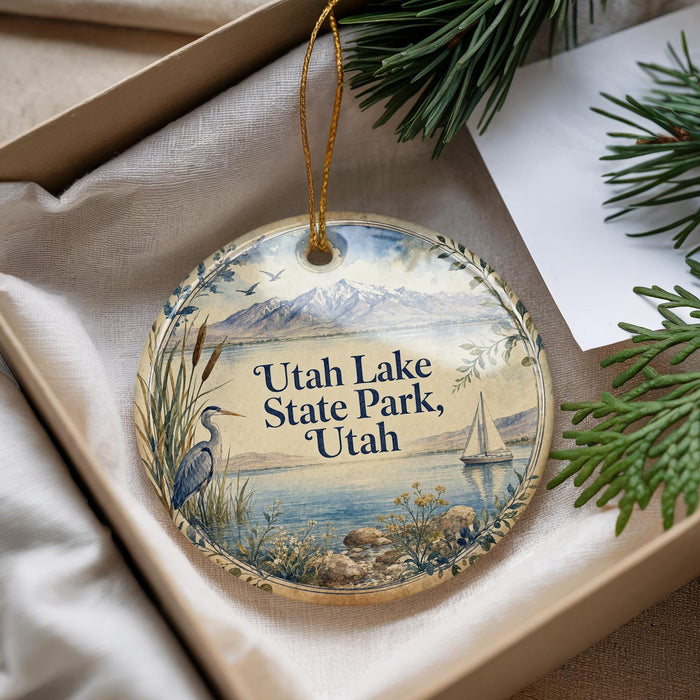 A decorative ornament with a scenic image of Utah Lake State Park, featuring a bird, a sailboat, and a mountain landscape.