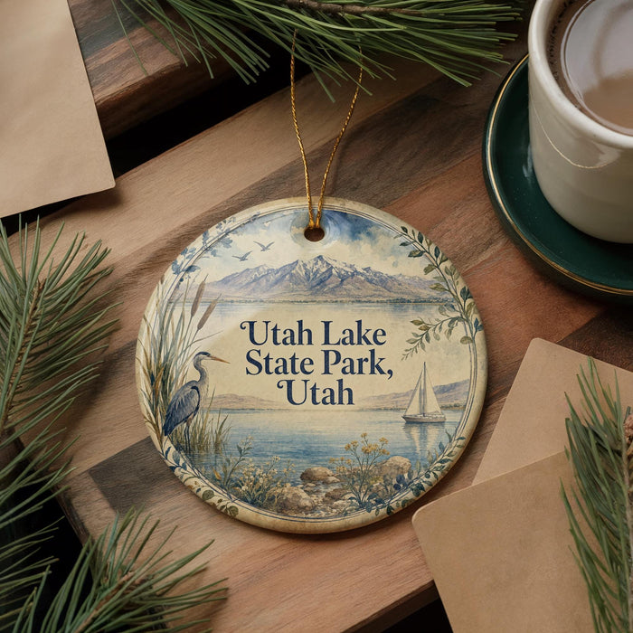 A decorative ornament with a scenic image of Utah Lake State Park, featuring a bird, mountains, and a sailboat, is displayed on a wooden surface alongside a cup of coffee and some pine branches.