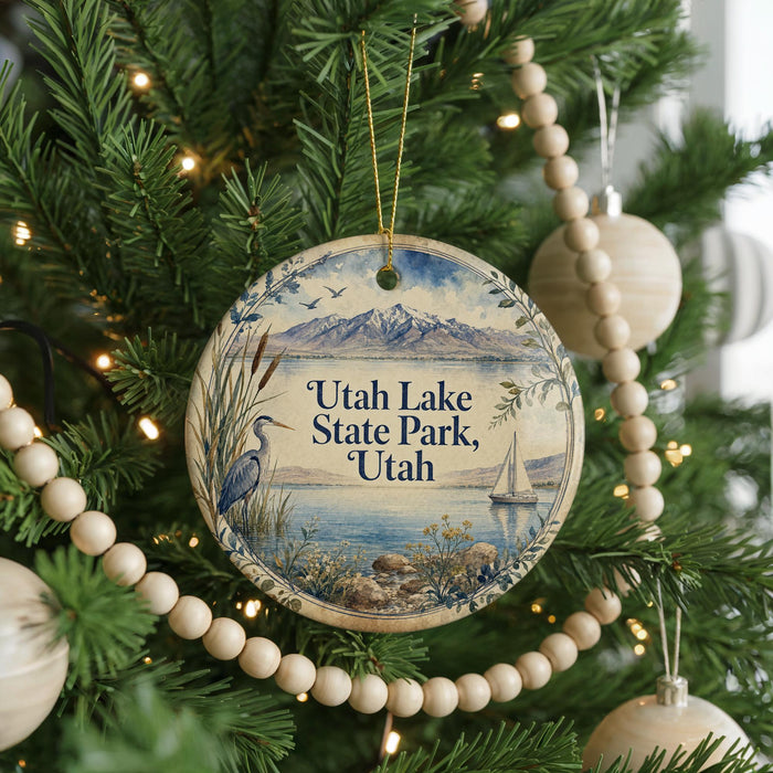 A round ornament hanging on a Christmas tree, featuring a scenic image of Utah Lake State Park and a bird in the foreground.