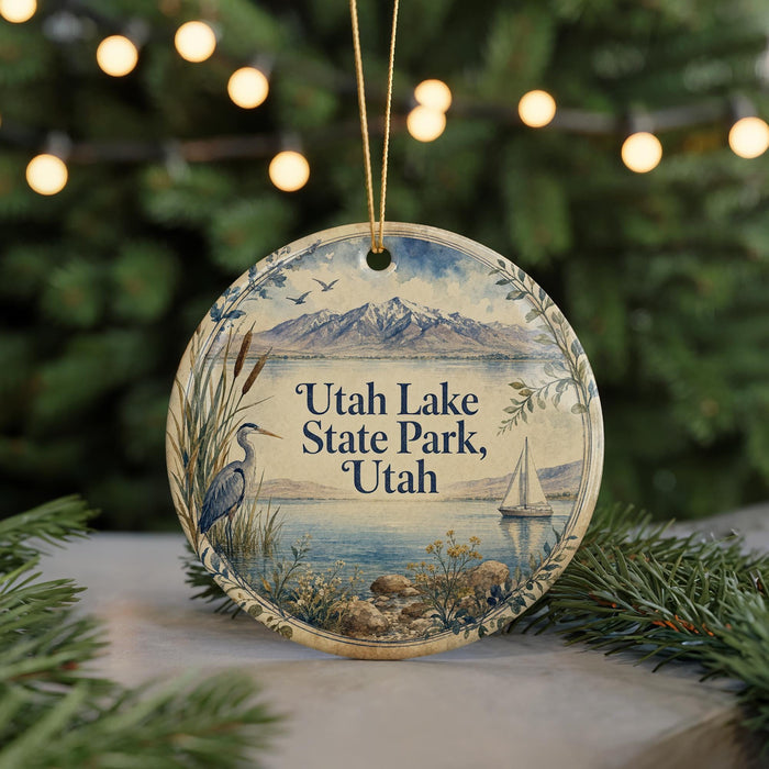 A round ornament with a scenic image of Utah Lake State Park, Utah, featuring a bird, a sailboat, and a mountain range.