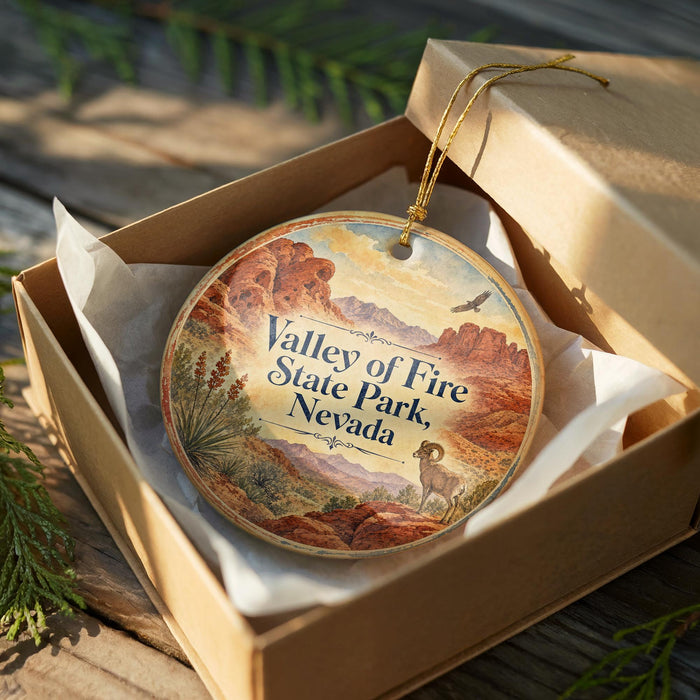 A wooden ornament in a box, featuring a desert landscape with mountains and a bird, is displayed on a wooden surface.