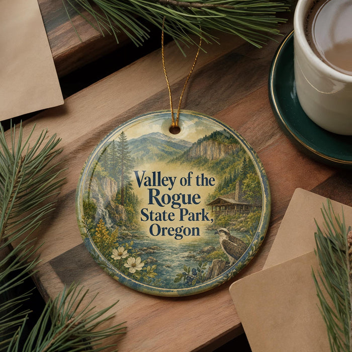 A decorative ornament with a scenic mountain landscape and a bird, hanging on a wooden surface.