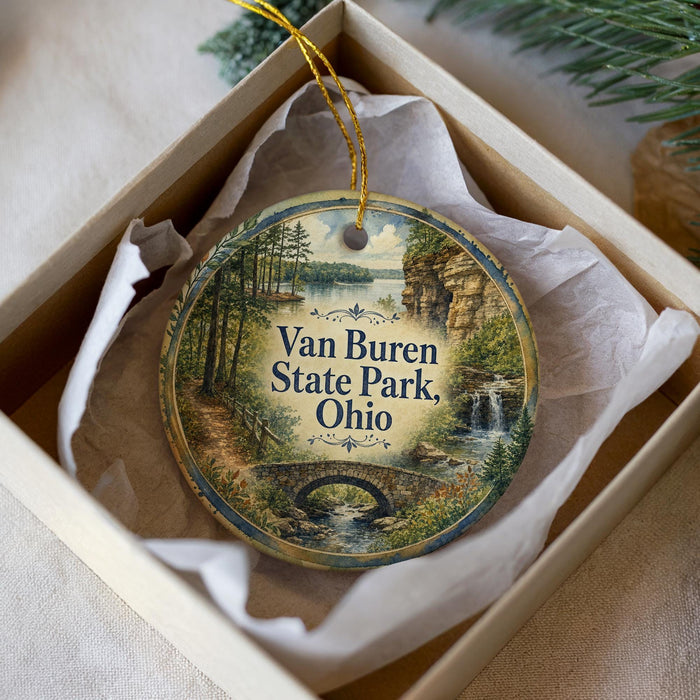 A round ornament with a scenic image of Van Buren State Park, Ohio, displayed in a box.