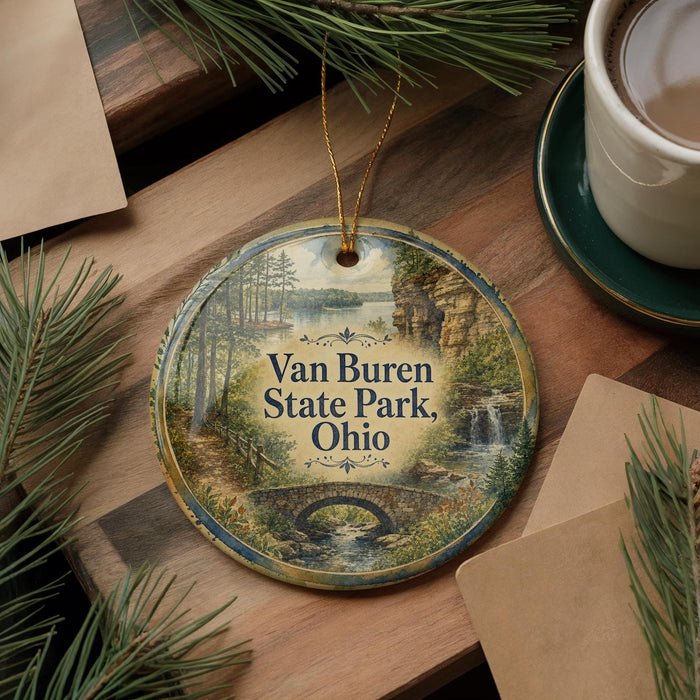 A decorative ornament featuring a scenic landscape of Van Buren State Park, Ohio, with a bridge and waterfalls, surrounded by pine branches and a cup of coffee.