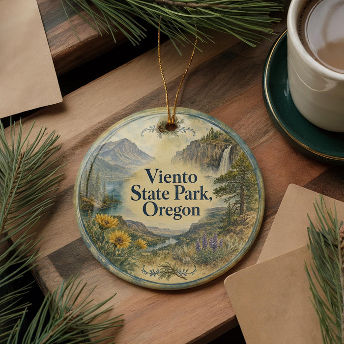 A decorative ornament with the text "Viento State Park, Oregon" is displayed on a wooden surface, surrounded by pine branches and a cup of coffee.
