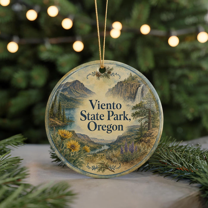 A round ornament with a scenic landscape of mountains, waterfalls, and wildflowers, featuring the text "Viento State Park, Oregon".