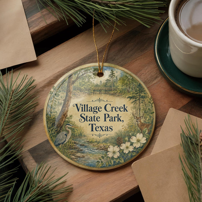 A decorative ornament with the text "Village Creek State Park, Texas" is displayed on a wooden surface, surrounded by pine branches and a cup of coffee.