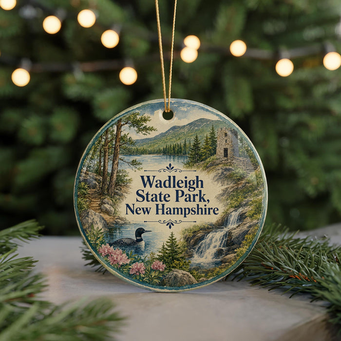 A round ornament featuring a scenic landscape with a waterfall, pine trees, and a bird, hanging from a string.
