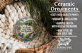Ceramic ornaments, specifically those featuring Waddigh State Park in New Hampshire, are displayed in a basket. The text highlights the ornaments as "cozy, high-quality prints" and "vibrant & long lasting", with a description of their shipping speed and the fact that they won't peel or fade over time.