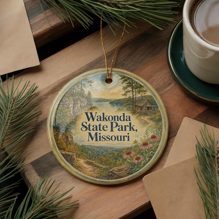 A circular ornament with a scenic landscape of Wokonda State Park, Missouri, featuring a winding path, pine trees, and a cabin in the background.