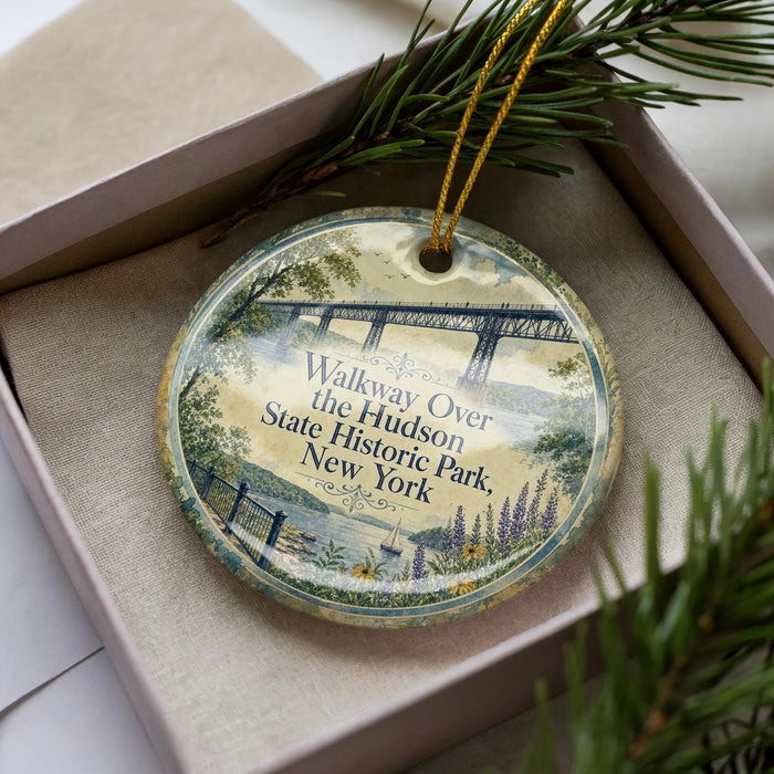 A decorative ornament with a scenic image of a bridge and a body of water, surrounded by greenery, placed inside a box.